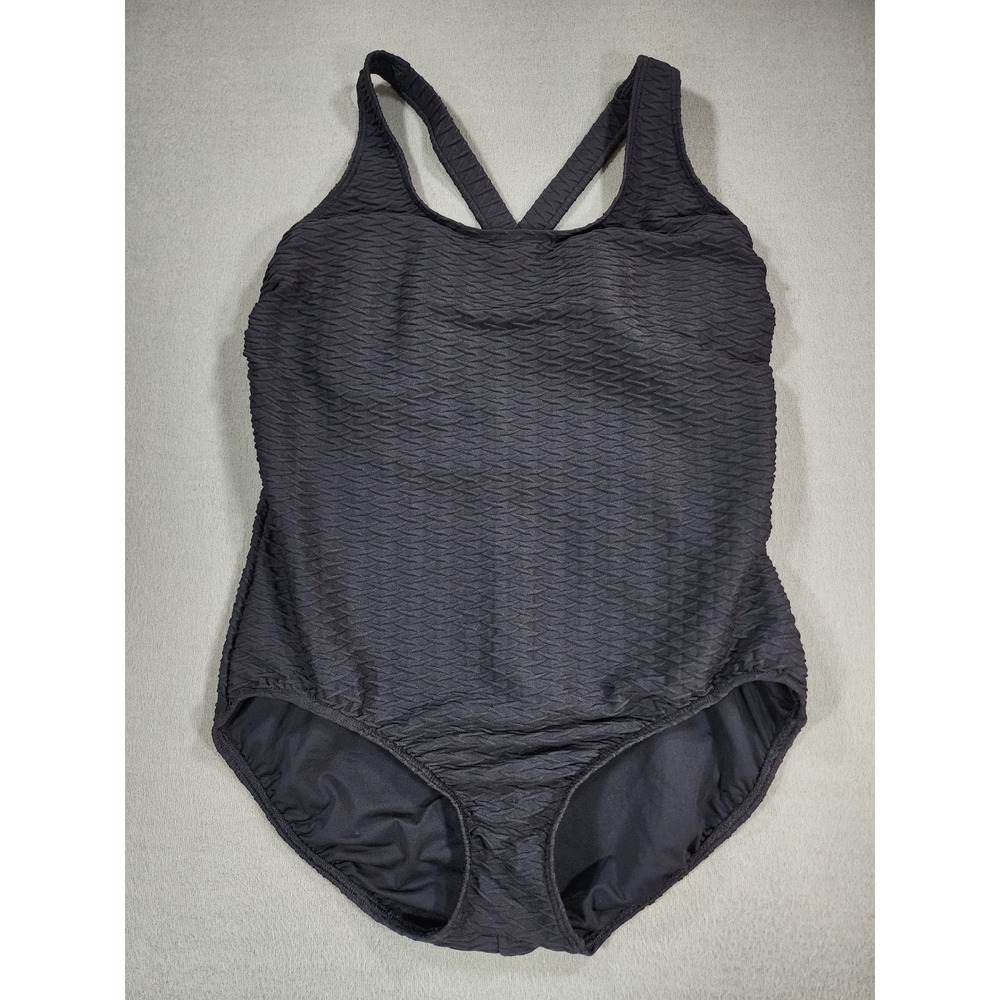 Lands' End Tugless Textured Cross Back Black One Piece Swimsuit 20W Classic Chic
